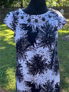 NWOT Talbots Dress Wm’s 8P Deep Blue- White w/Capped Sleeves Bejeweled Neckline